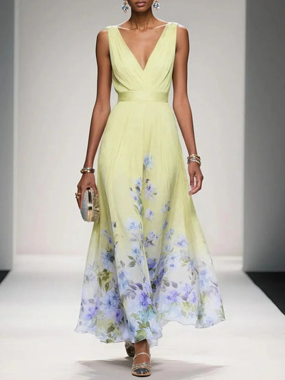 Women's Floral Maxi Dress Sleeveless V-Neck Wide Straps