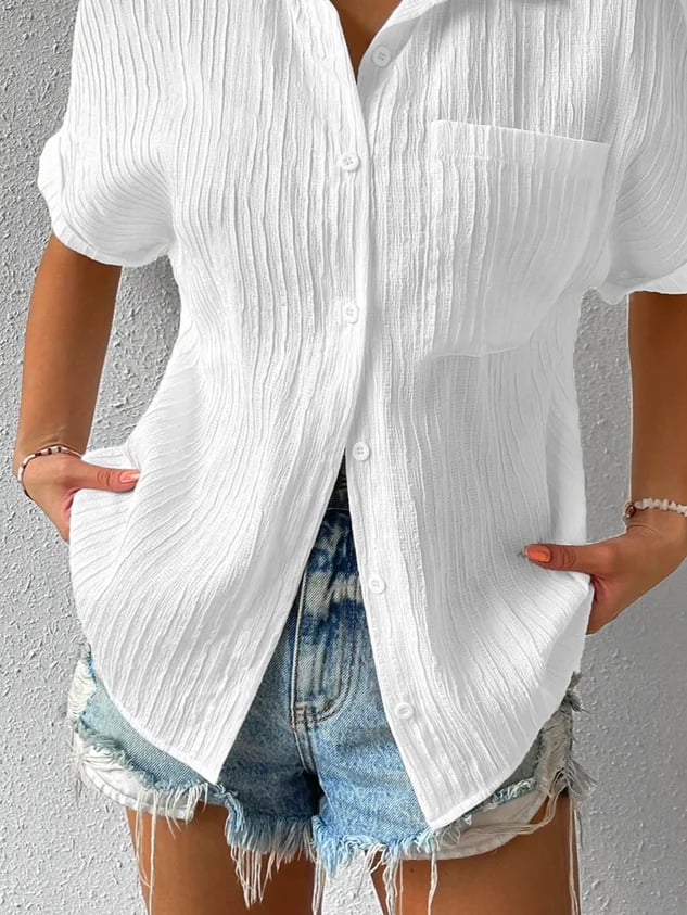 Women's Short Sleeve Blouse Cotton Crinkled White