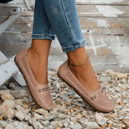 Women's Slip On Loafers Perforated Leather Round Toe