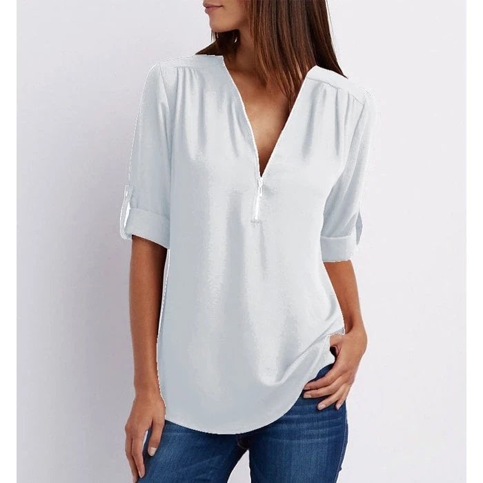 Women's Casual Blouse Zip-Up V-Neck Half Sleeve Rose
