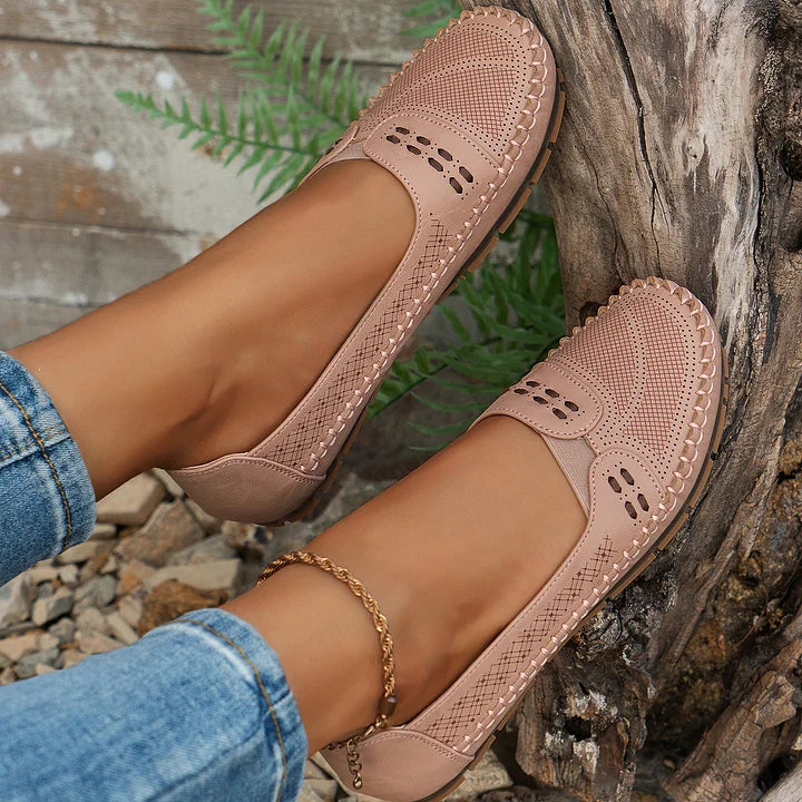 Women's Slip On Loafers Perforated Leather Round Toe