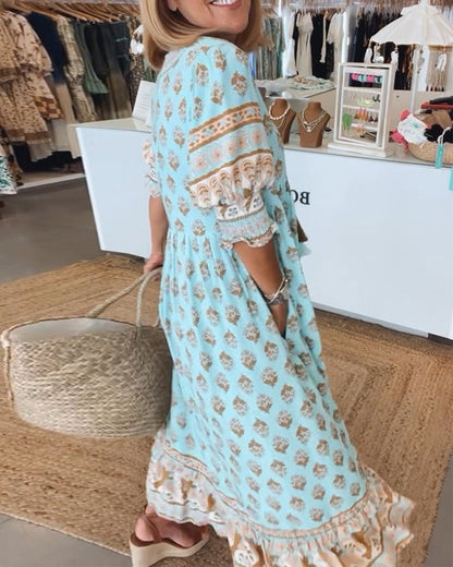 Women's Boho Maxi Dress Ruffle Sleeve Tiered