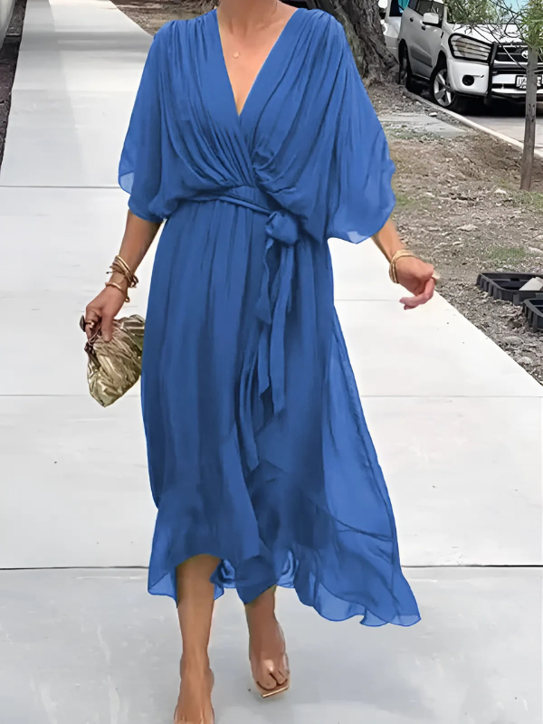 Women's V-Neck Wrap Dress Wide Sleeves Waist Tie