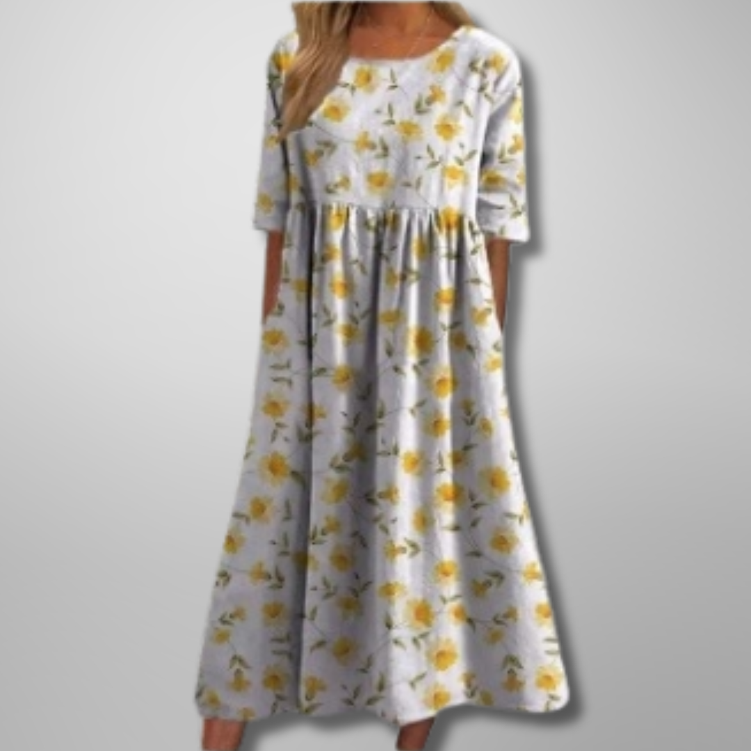 Women's Floral Maxi Dress Short Sleeves Gathered Waist