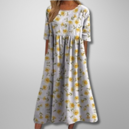 Women's Floral Maxi Dress Short Sleeves Gathered Waist
