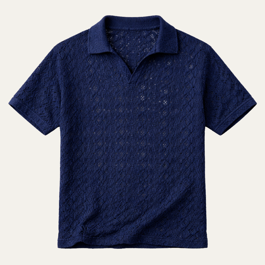 Men's Linen Shirt Crochet Mesh Navy Blue - VibreMode