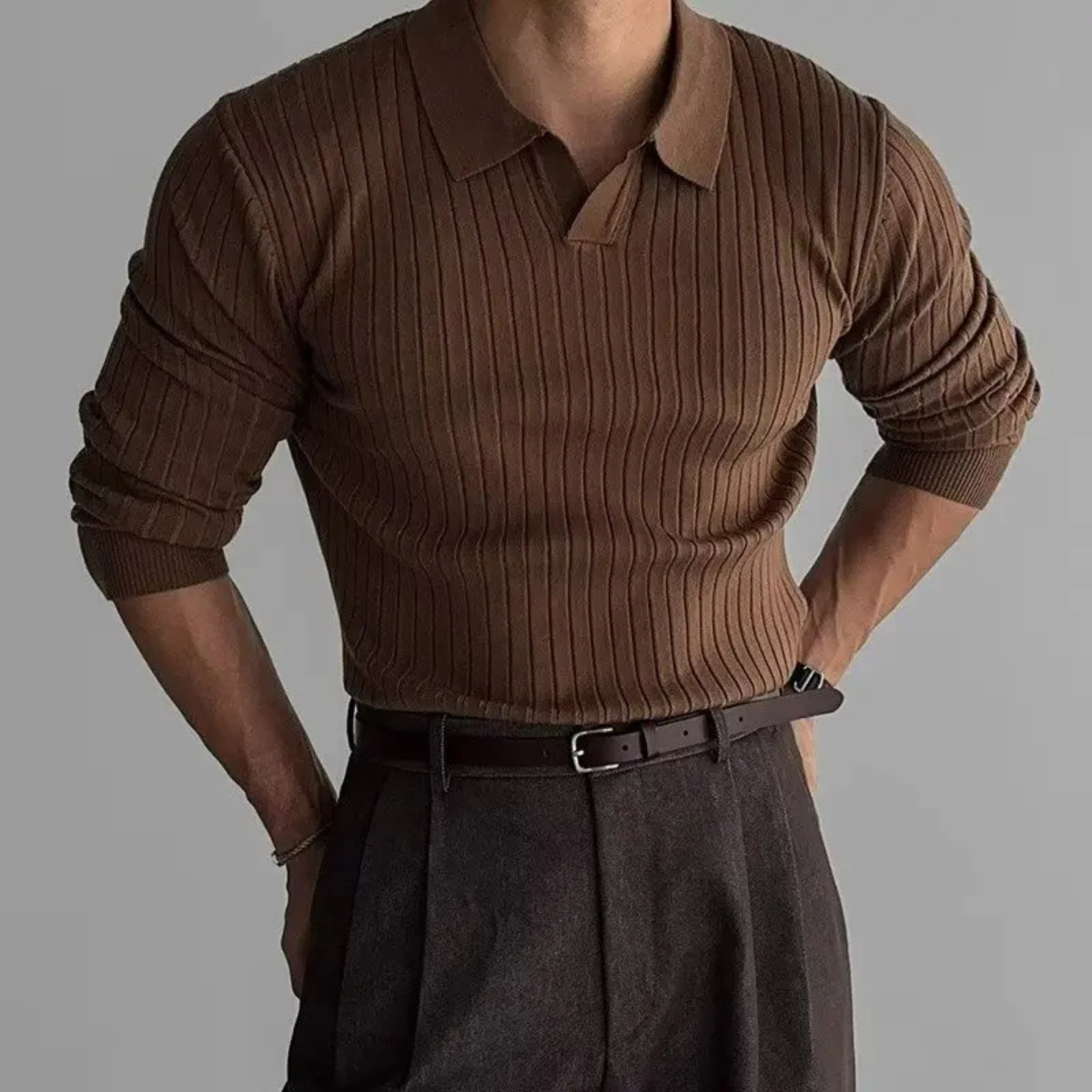Men's Slim Fit Polo Sweater Ribbed Knit