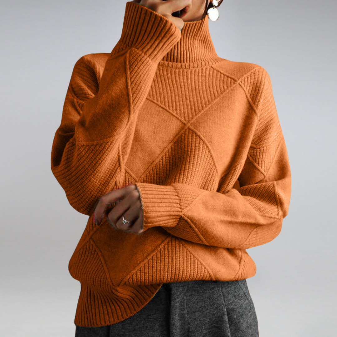 Women's Turtleneck Sweater Diamond Knit Ribbed Cuffs