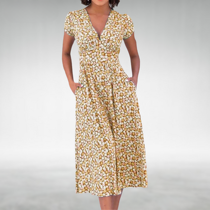 Pretty Floral V-Neck Midi Dress for Women