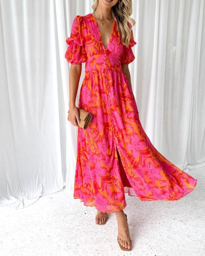 Women's Maxi Dress Puff Sleeves - VibreMode