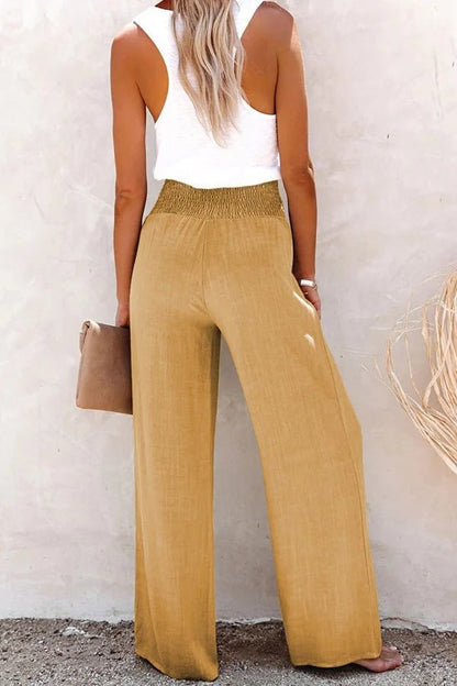 Women's Wide Leg High Waisted Pants Smocked Waist White