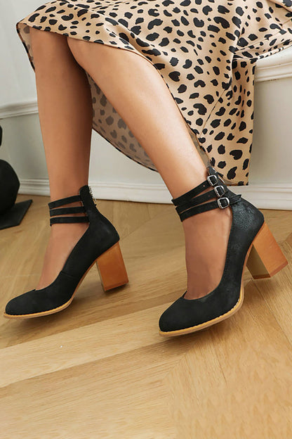 Women's Ankle Strap Sandals Smooth Leather Thick Heel
