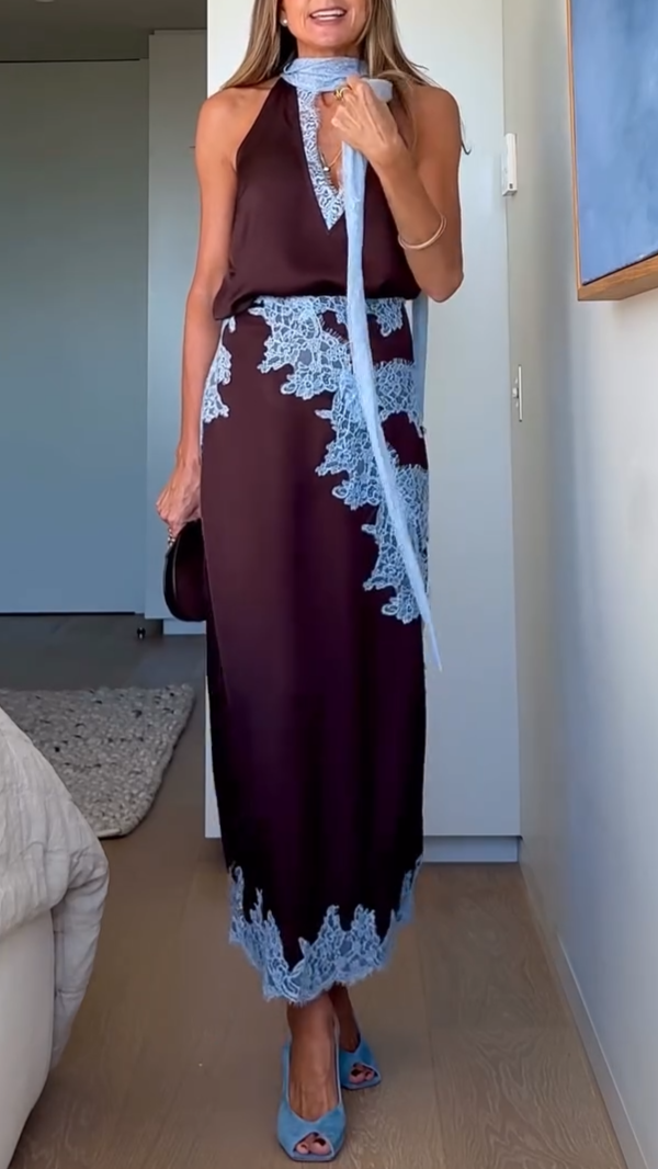 Women's Lace Panel And Skirt Set Brown Blue