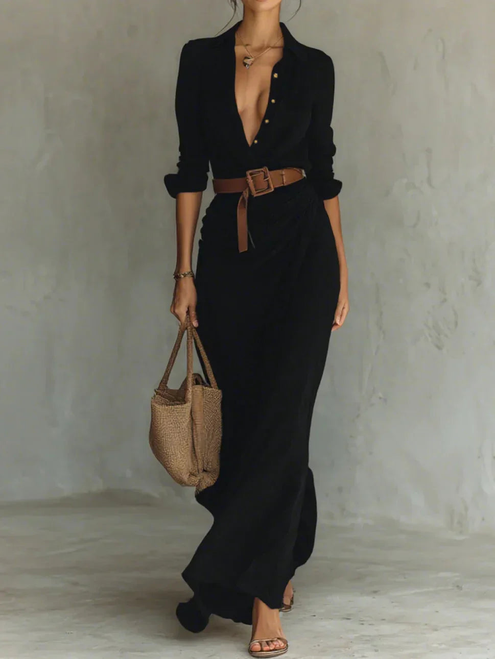 Women's Long Sleeve Maxi Dress Belted
