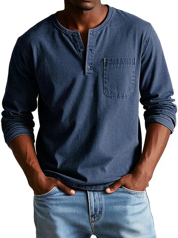 Men's Long Sleeve Henley Shirt Button Placket Chest Pocket - VibreMode