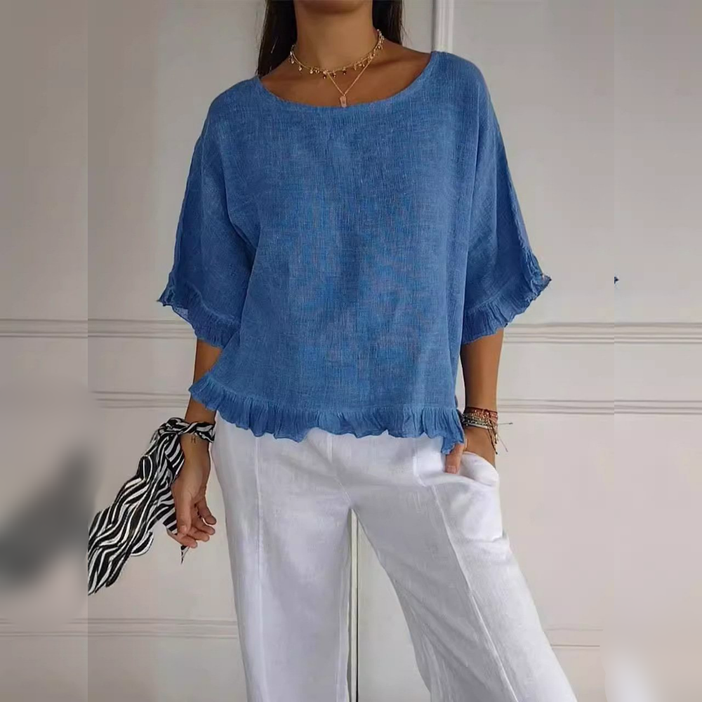Women's Ruffle Blouse Half-Sleeve Round Neck Cotton - VibreMode