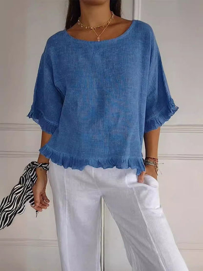 Women's Ruffle Blouse Half-Sleeve Round Neck Cotton