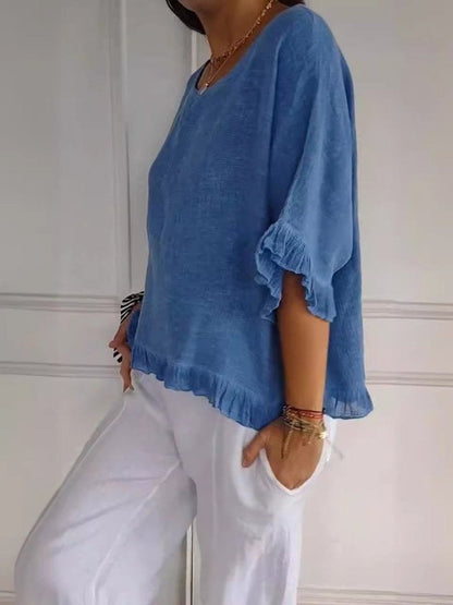 Women's Ruffle Blouse Half-Sleeve Round Neck Cotton