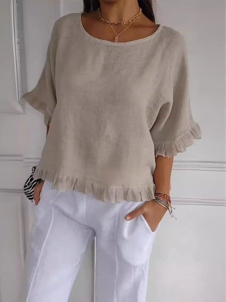 Women's Ruffle Blouse Half-Sleeve Round Neck Cotton