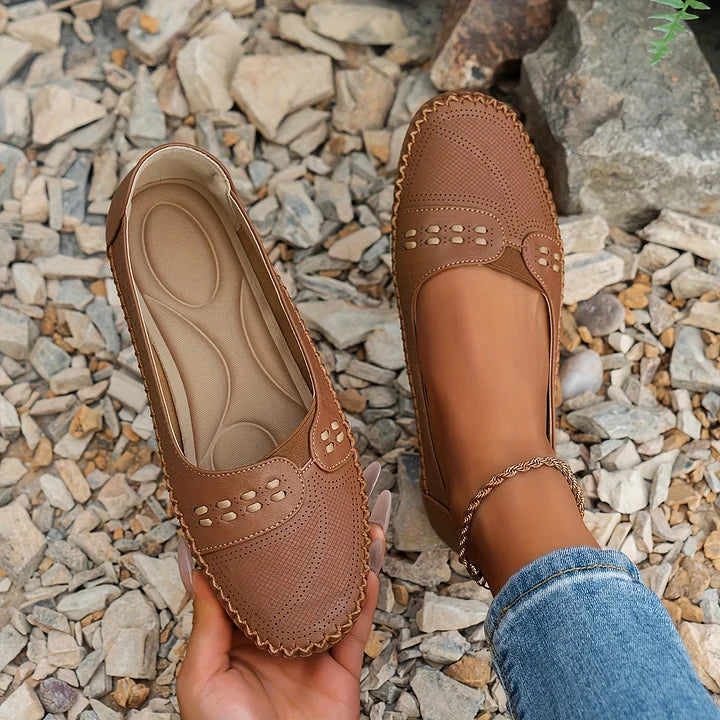 Women's Slip On Loafers Perforated Leather Round Toe
