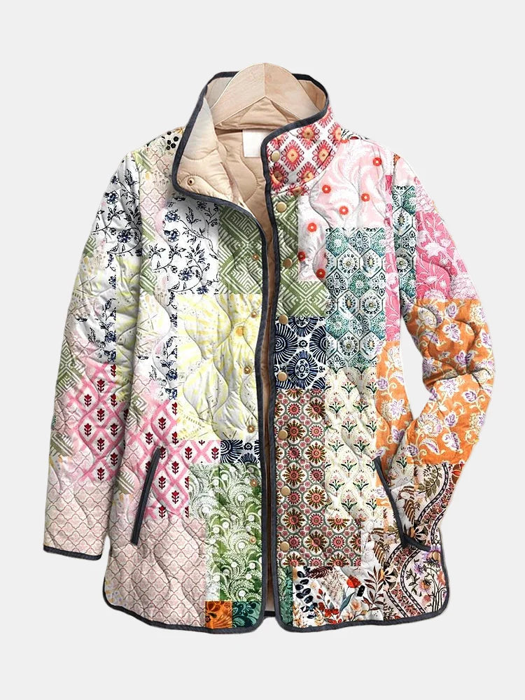 Women's Patchwork Quilted Jacket Floral Print - VibreMode