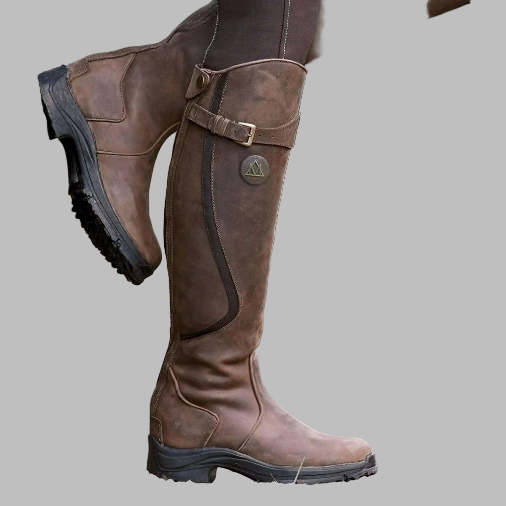 Women's Distressed Leather Hiking Boots Knee-Length Buckled Strap - VibreMode