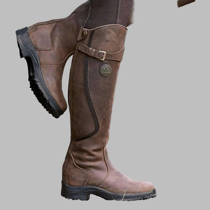 Women's Distressed Leather Hiking Boots Knee-Length Buckled Strap - VibreMode