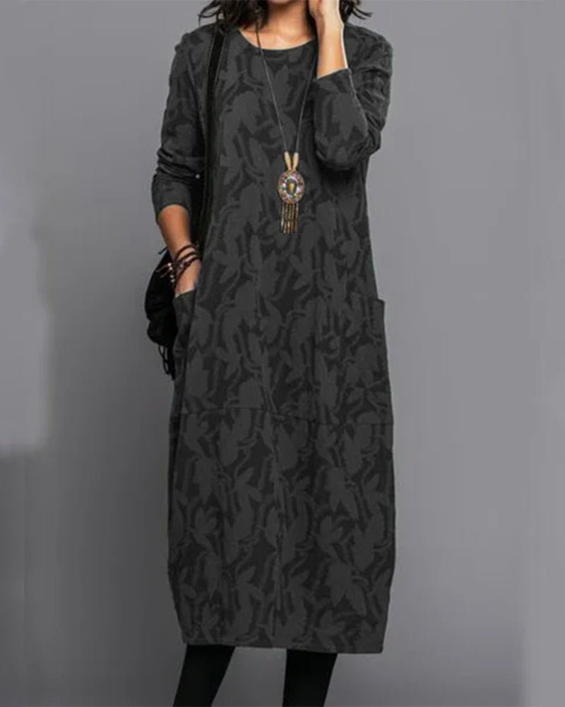 Women's Midi Dress Long Sleeves Printed Round Neck