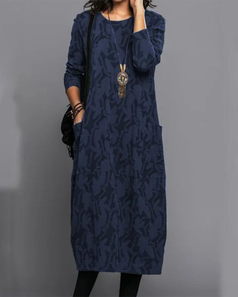 Women's Midi Dress Long Sleeves Printed Round Neck