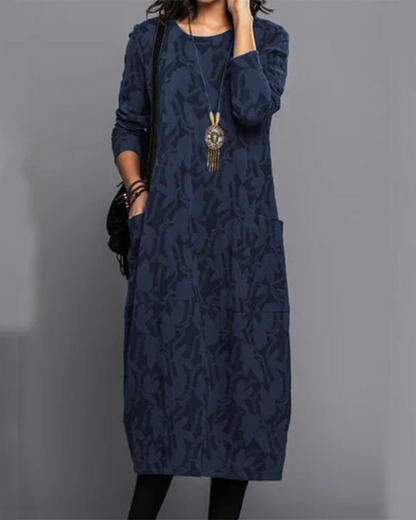 Women's Midi Dress Long Sleeves Printed Round Neck