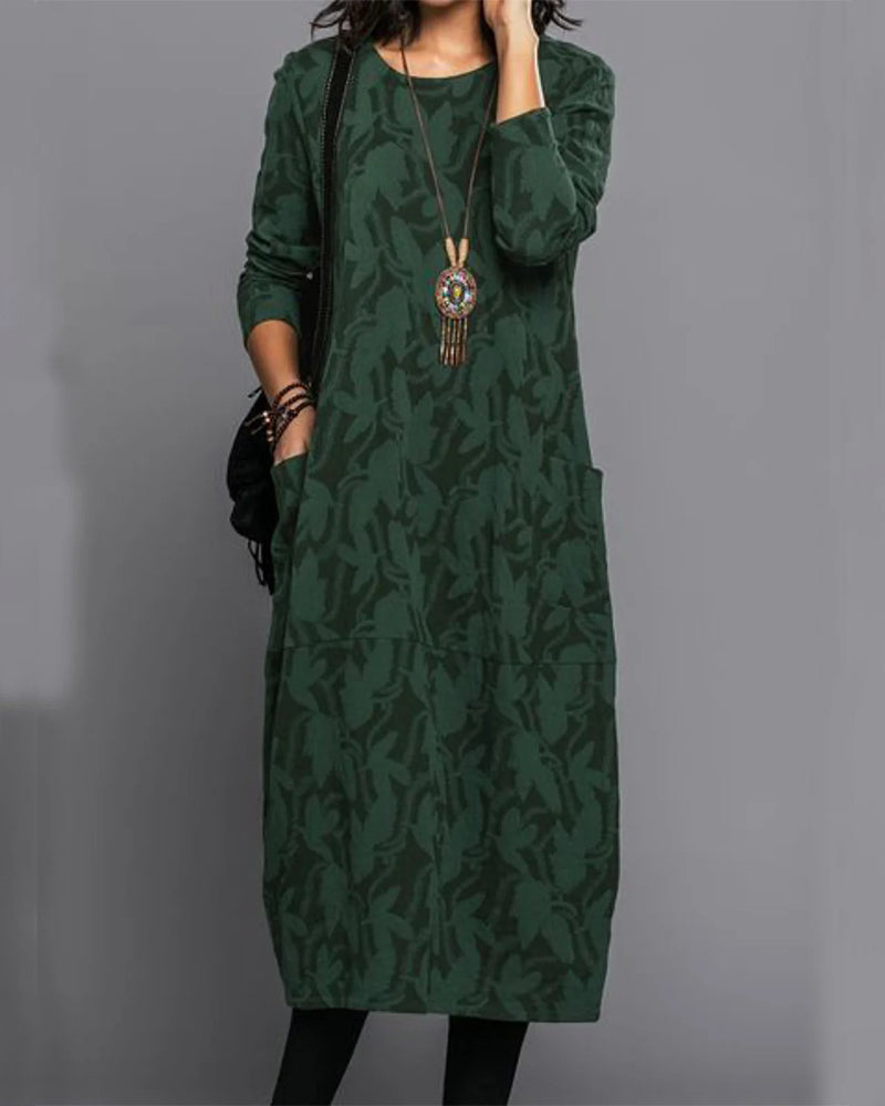 Women's Midi Dress Long Sleeves Printed Round Neck - VibreMode