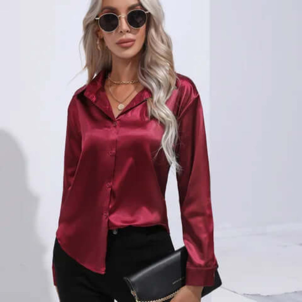 Women's Satin Long Sleeve Blouse Loose Fit