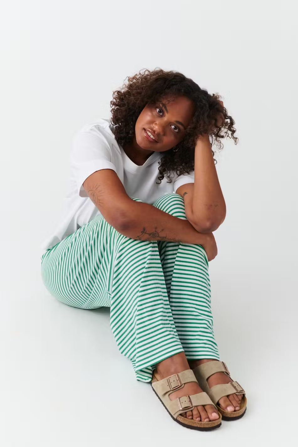 Women's Wide Leg Pants Horizontal Striped Drawstring Waist Full Length