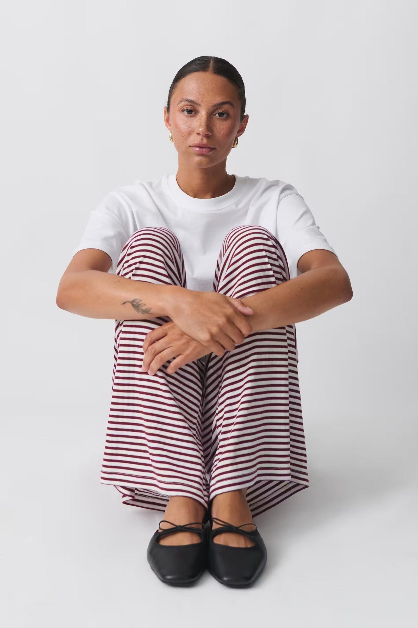 Women's Wide Leg Pants Horizontal Striped Drawstring Waist Full Length