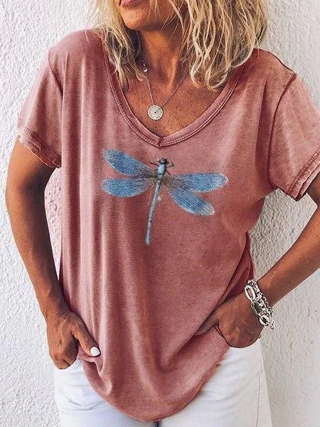 Women's Butterfly Print V-Neck Short Sleeve T-Shirt - VibreMode