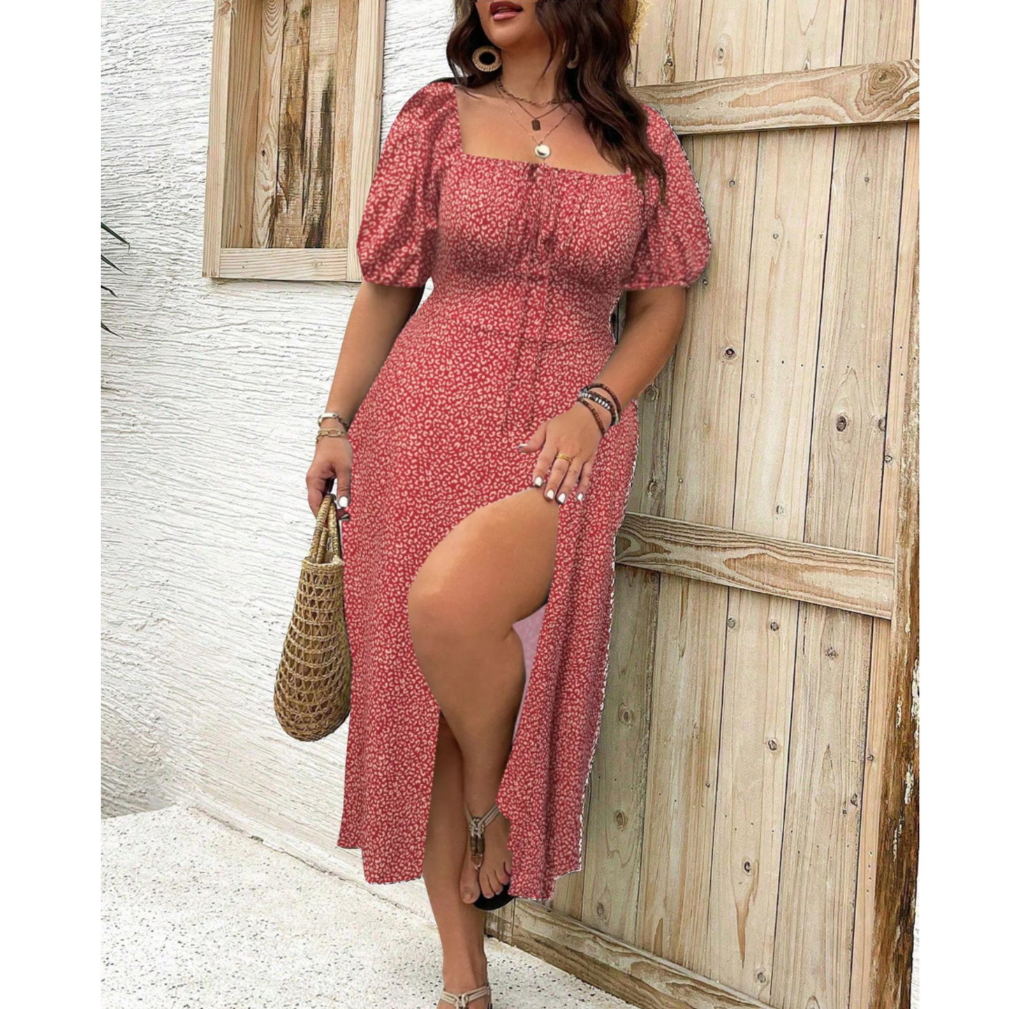 Women's Puff Sleeve Dress Square Neck Slit