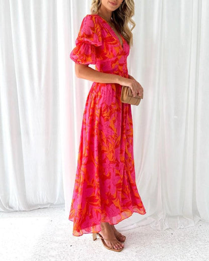 Women's Maxi Dress V-Neck Abstract Print Puff Sleeves