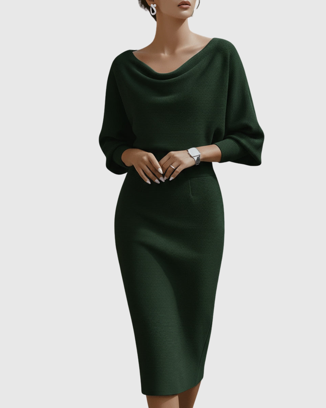 Women's Ribbed Cowl Neck Long Sleeve Midi Dress