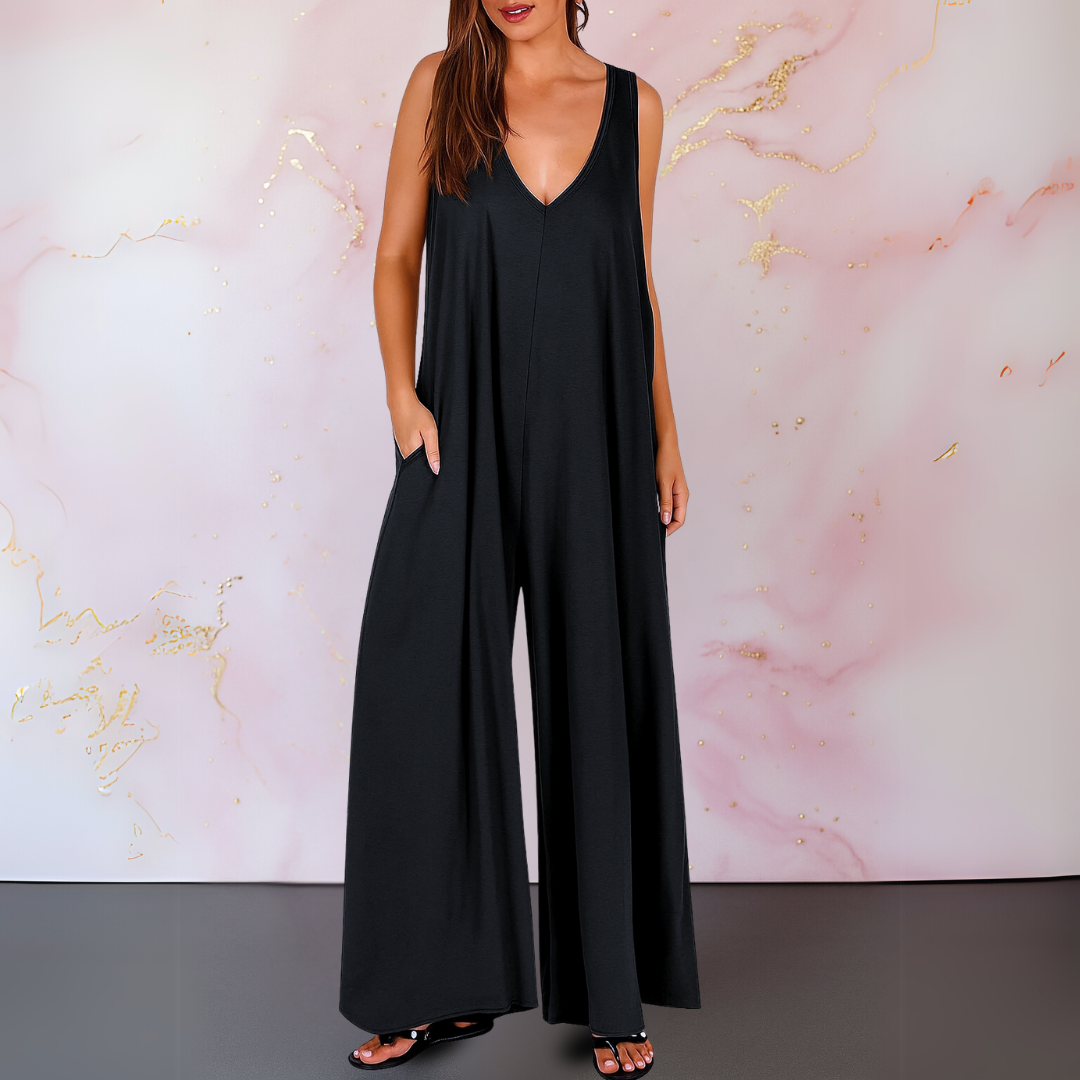Black Women's Sleeveless Wide Leg Jumpsuit with Pockets - VibreMode
