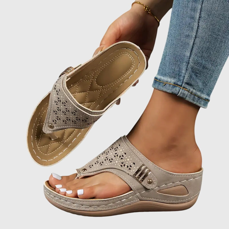 Women's Wedge Sandals Laser Cut Leather Brown