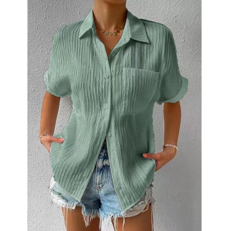 Women's Short Sleeve Blouse Cotton Crinkled White