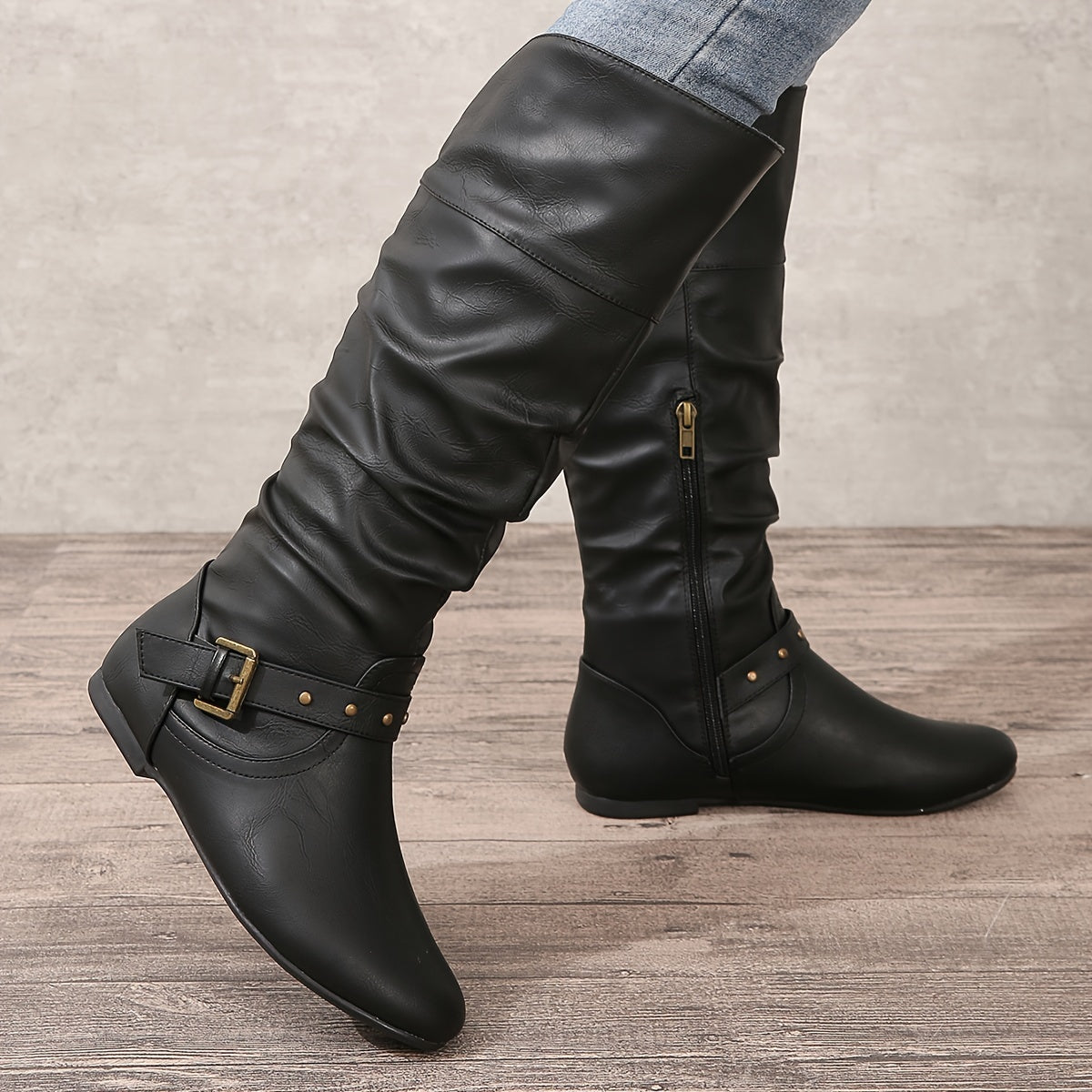 Women's Flat Boots Side Zip Detail - VibreMode