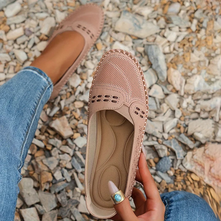 Women's Slip On Loafers Perforated Leather Round Toe