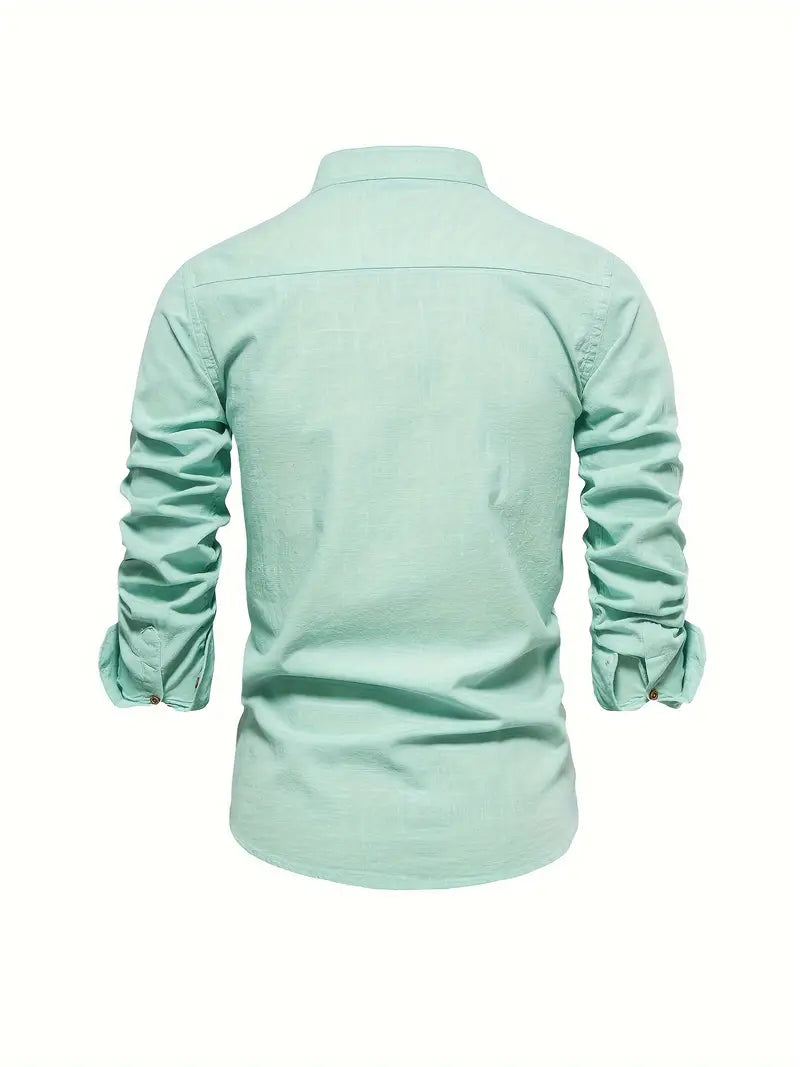 Men's Long Sleeve Button Shirt Band Collar White