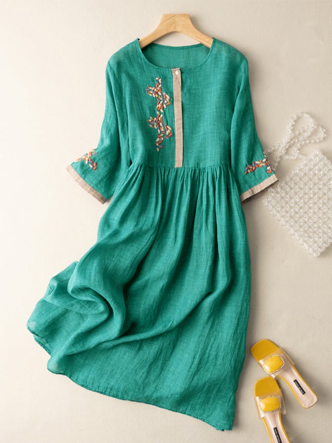 Women's Embroidered Midi Dress Cotton Half Sleeves Contrast Trim