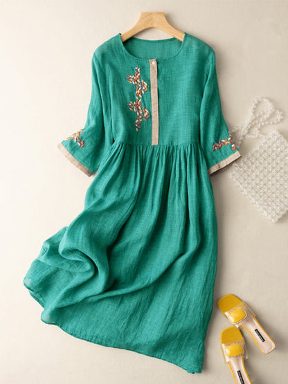 Women's Embroidered Midi Dress Cotton Half Sleeves Contrast Trim