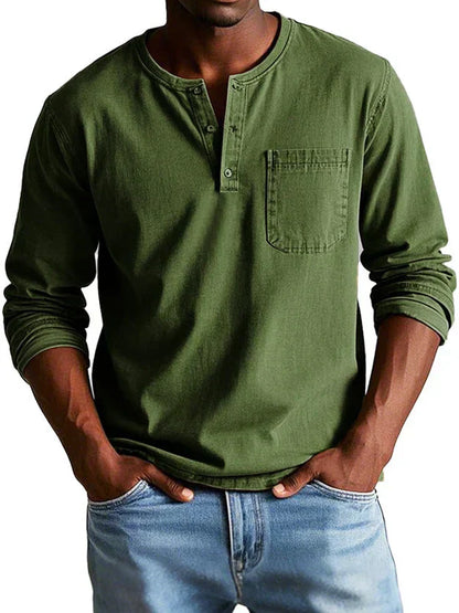 Men's Long Sleeve Henley Shirt Button Placket Chest Pocket