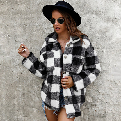 Women's Plush Fur Coat Checkered Warm Winter