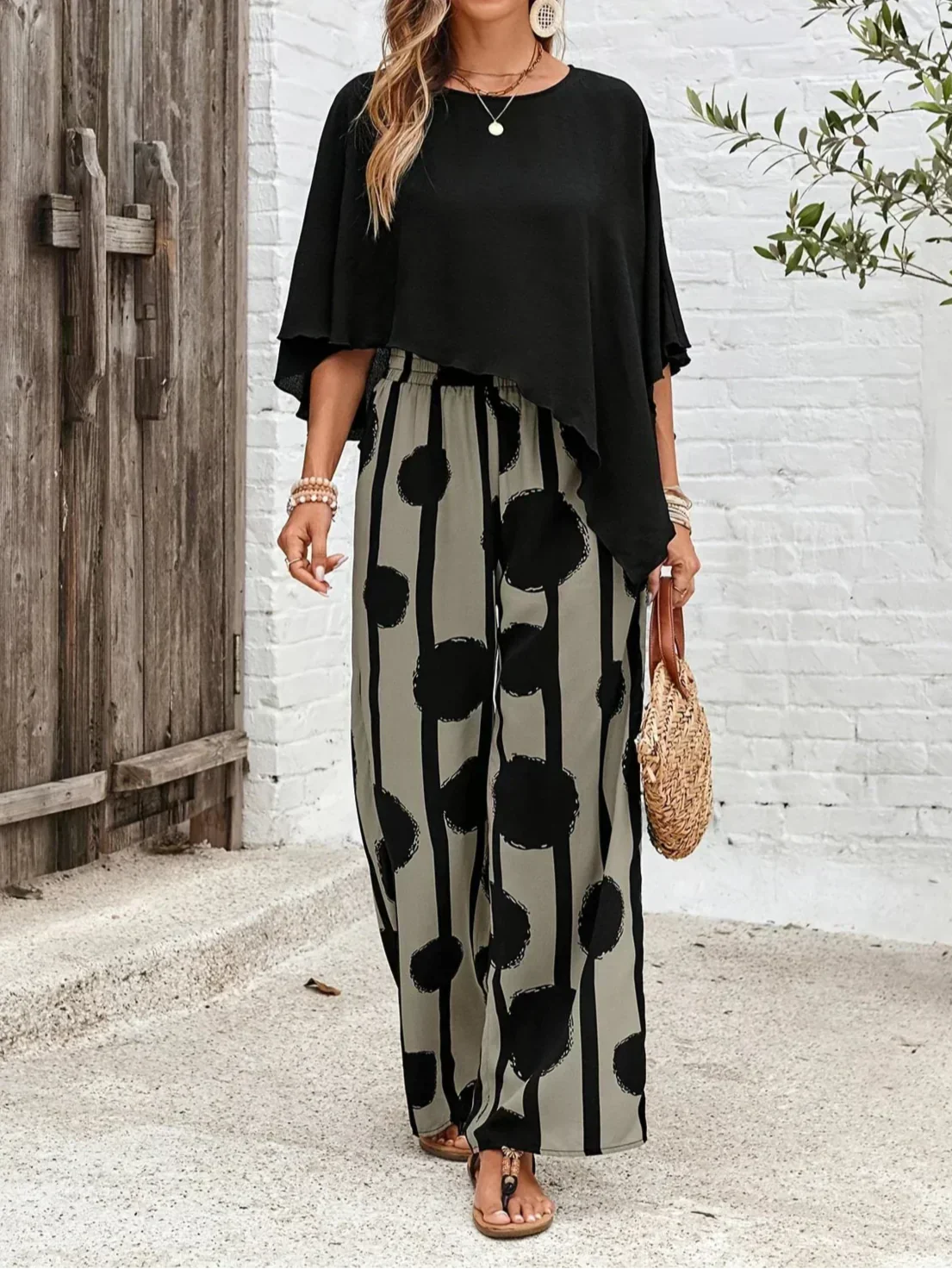 Women's Batwing And Wide Leg Print Pants Set