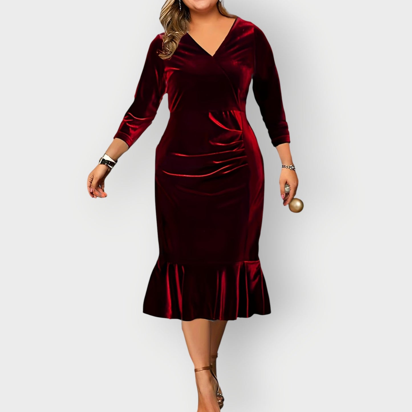 Women's Velvet Midi Dress Ruffle Detail